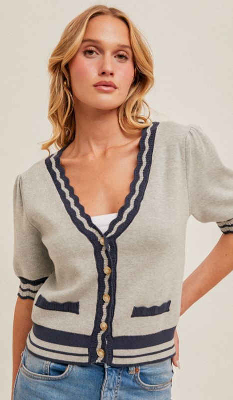 Grey/Navy Scallop Edge Cardigan Sweater
