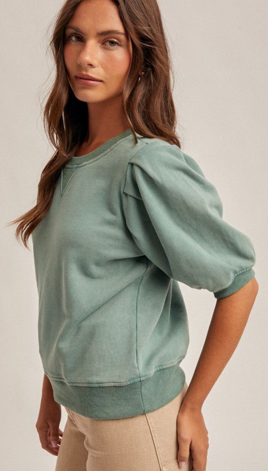 Washed Teal Pleated Sleeve Sweatshirt Top