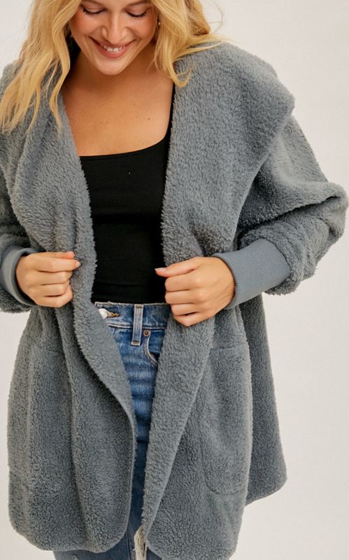 Smokey Teal Hooded Open Sherpa Jacket