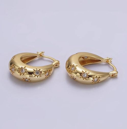 Gold Stars CZ Hoop Earrings