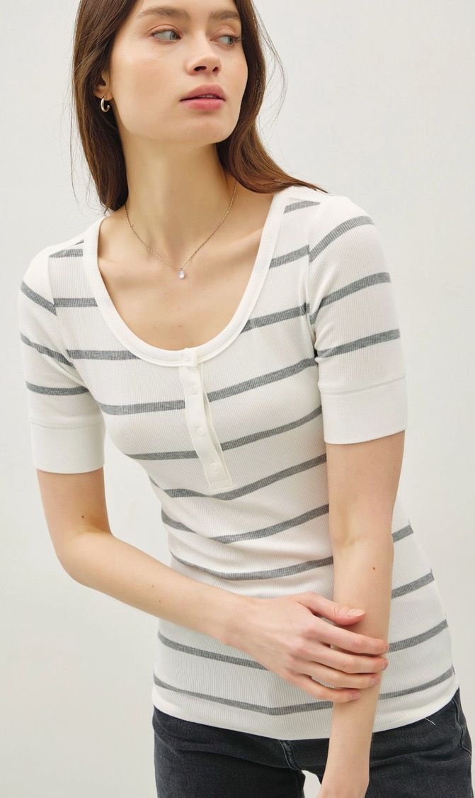White &amp; Grey Striped Ribbed Henley Top