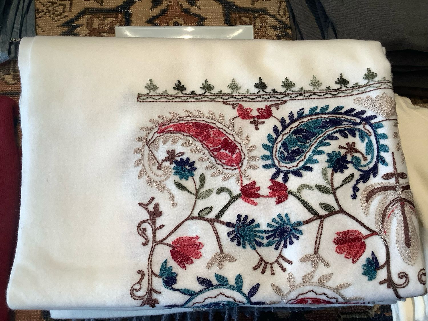 Embroidered Cashmere Shawl (2 Colors), Color: White