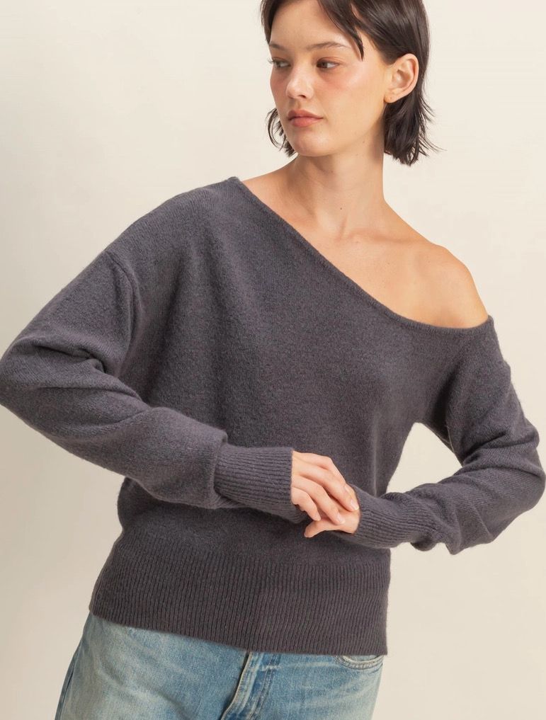 Charcoal Asymmetrical Off Shoulder Sweater