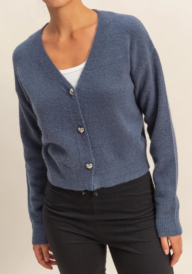 Dusty Navy Heart Button Cardigan Sweater
