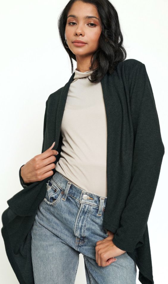 Dark Charcoal Brushed Knit Shawl Collar Cardigan