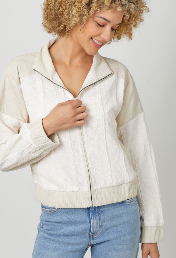 Oatmeal Cable Knit Bomber Jacket