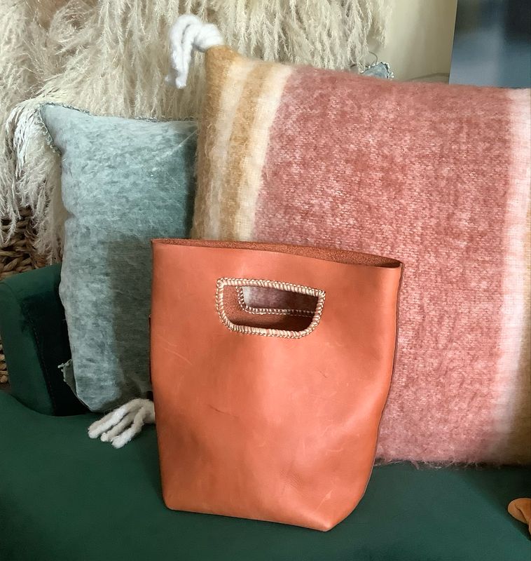 Cognac Leather Bucket Crossbody Bag