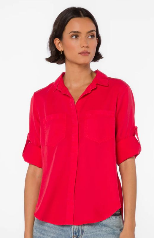 Red Button Up Roll Tab Top