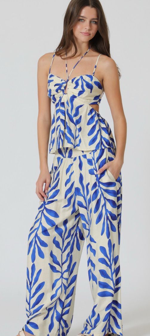 Ivory/Blue Palm Print Pant