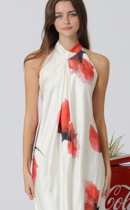 Ivory/Red Floral Mock Neck Maxi Dress