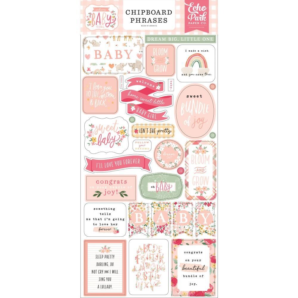Echo Park Welcome Baby Girl Chipboard Phrases
