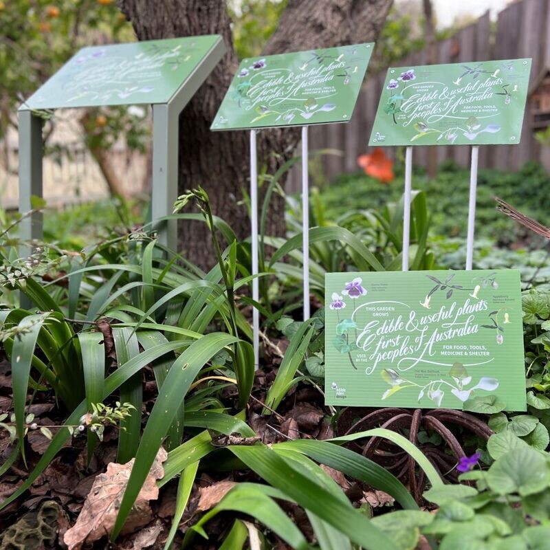The original 'Welcome to the garden' sign is available in several sizes and either metal or corflute material.  The sign can also be installed without legs onto a fence, wall or other surface. 