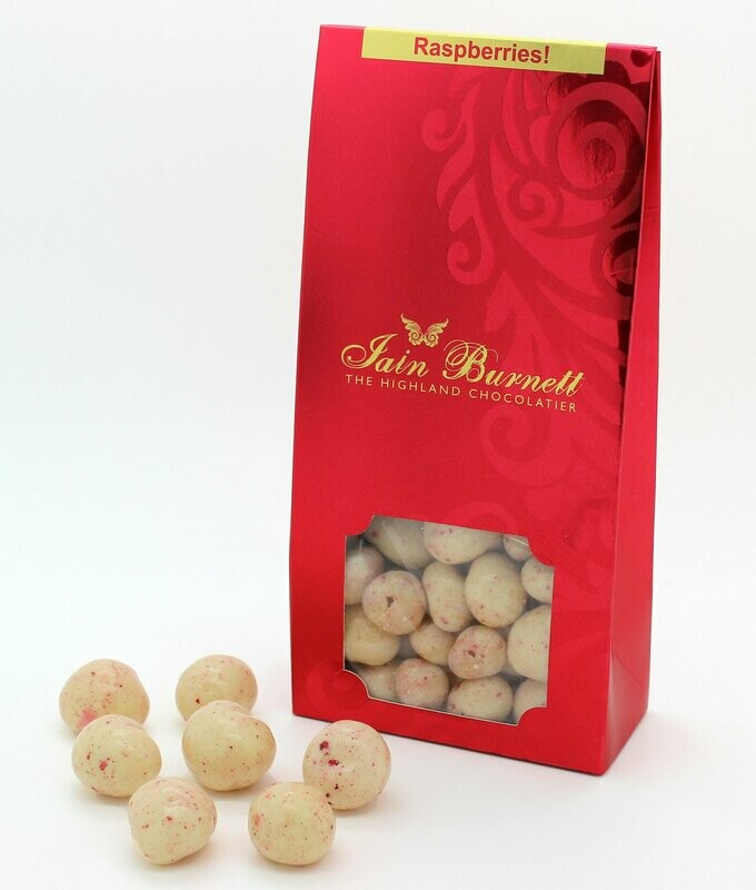 Highland Chocolatier, Raspberries rolled in White Chocolate - Satchel