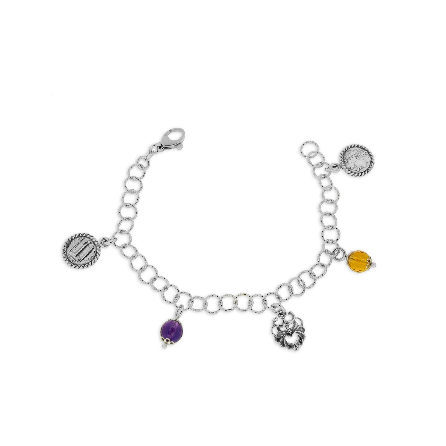 Bracciale in argento con cristalli sfaccettati multicolore, maschere e riproduzioni di monete