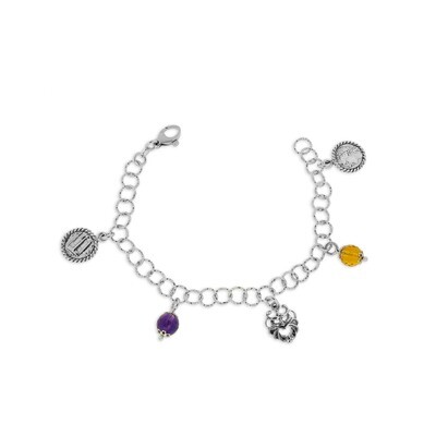 Bracciale in argento con cristalli sfaccettati multicolore, maschere e riproduzioni di monete