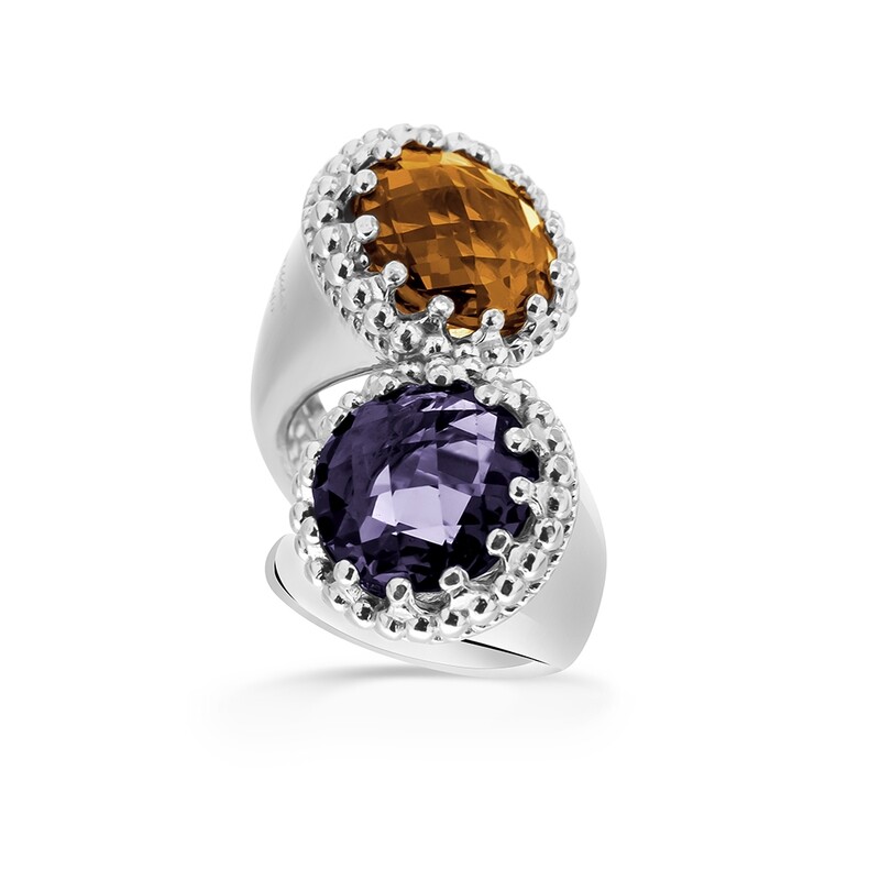 Anello in argento 925 con Cristalli color Topazio giallo e Ametista, taglio tondo briolette