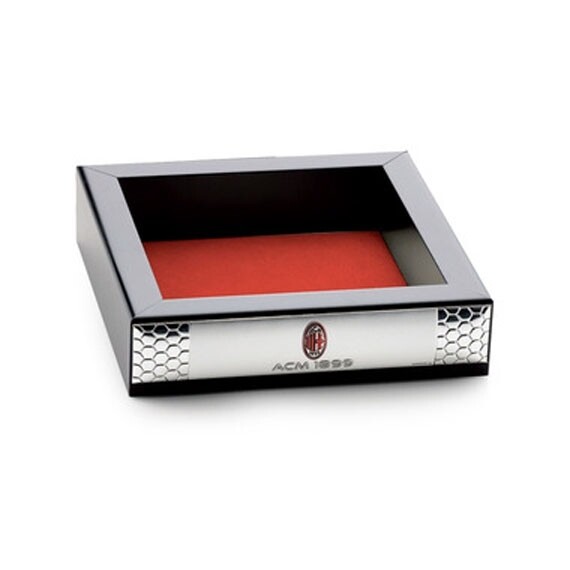 Vuotatasche in legno nero cm. 15x15 con lastra in Argento e stemma AC Milan smaltato