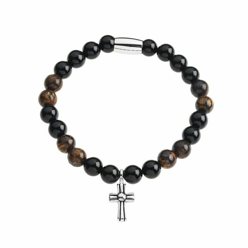 Bracciale elastico in acciaio,bronzo e agata
