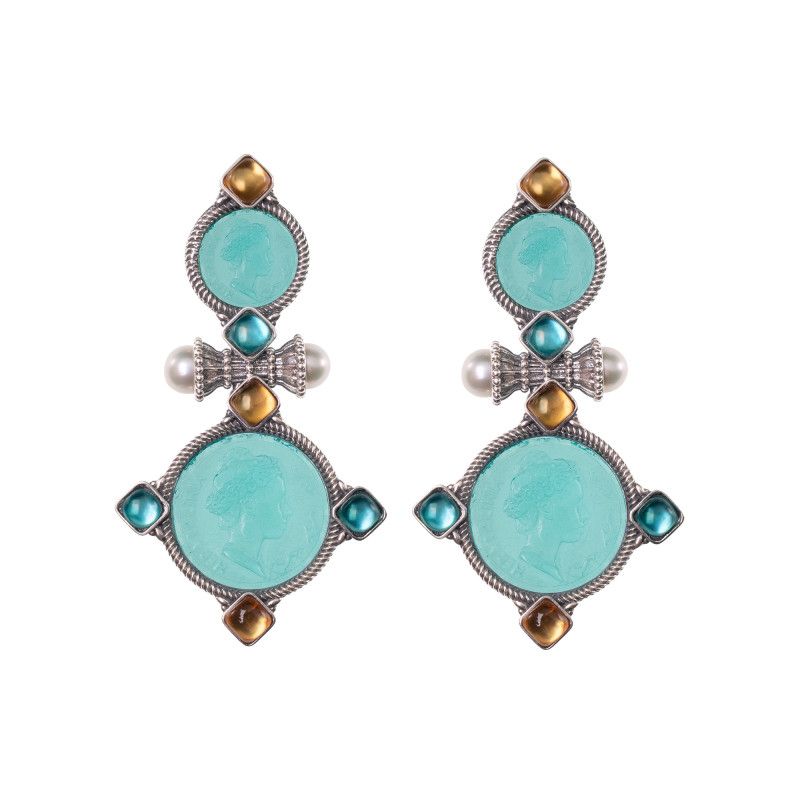 Orecchini in argento con paste vitree, triplette e perle