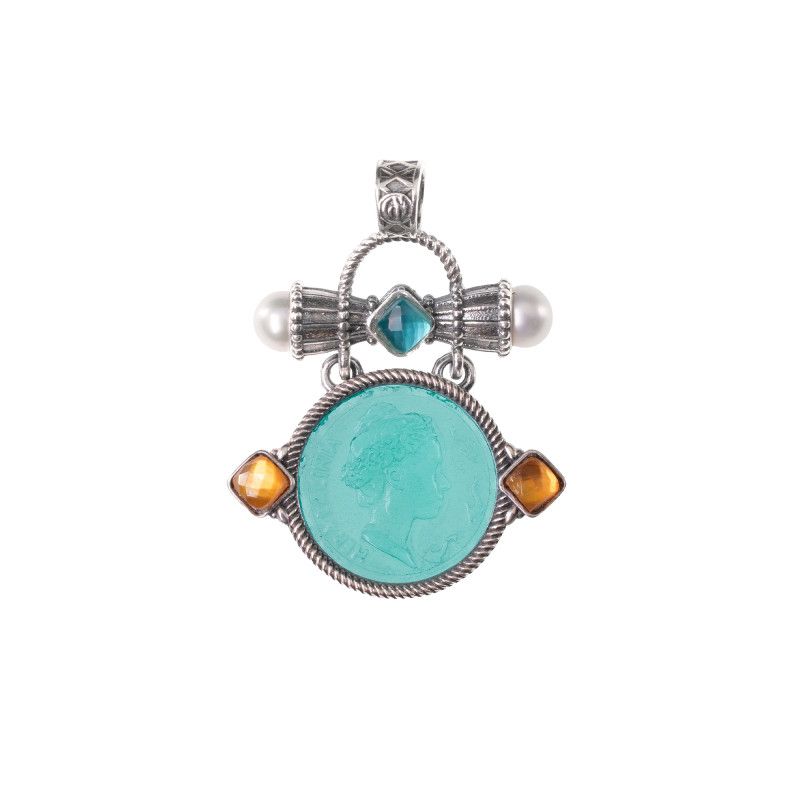 Ciondolo in argento con paste vitree, triplette e perle