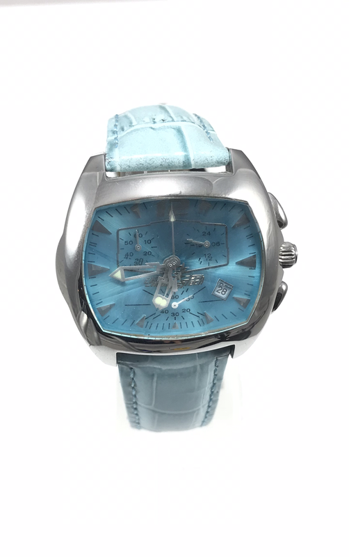Orologio crono unisex cristallo a prisma e fondo celeste con datario. Cinturino in pelle celeste Orologio crono unisex cristallo a prisma e fondo celeste con datario. Cinturino in pelle celeste