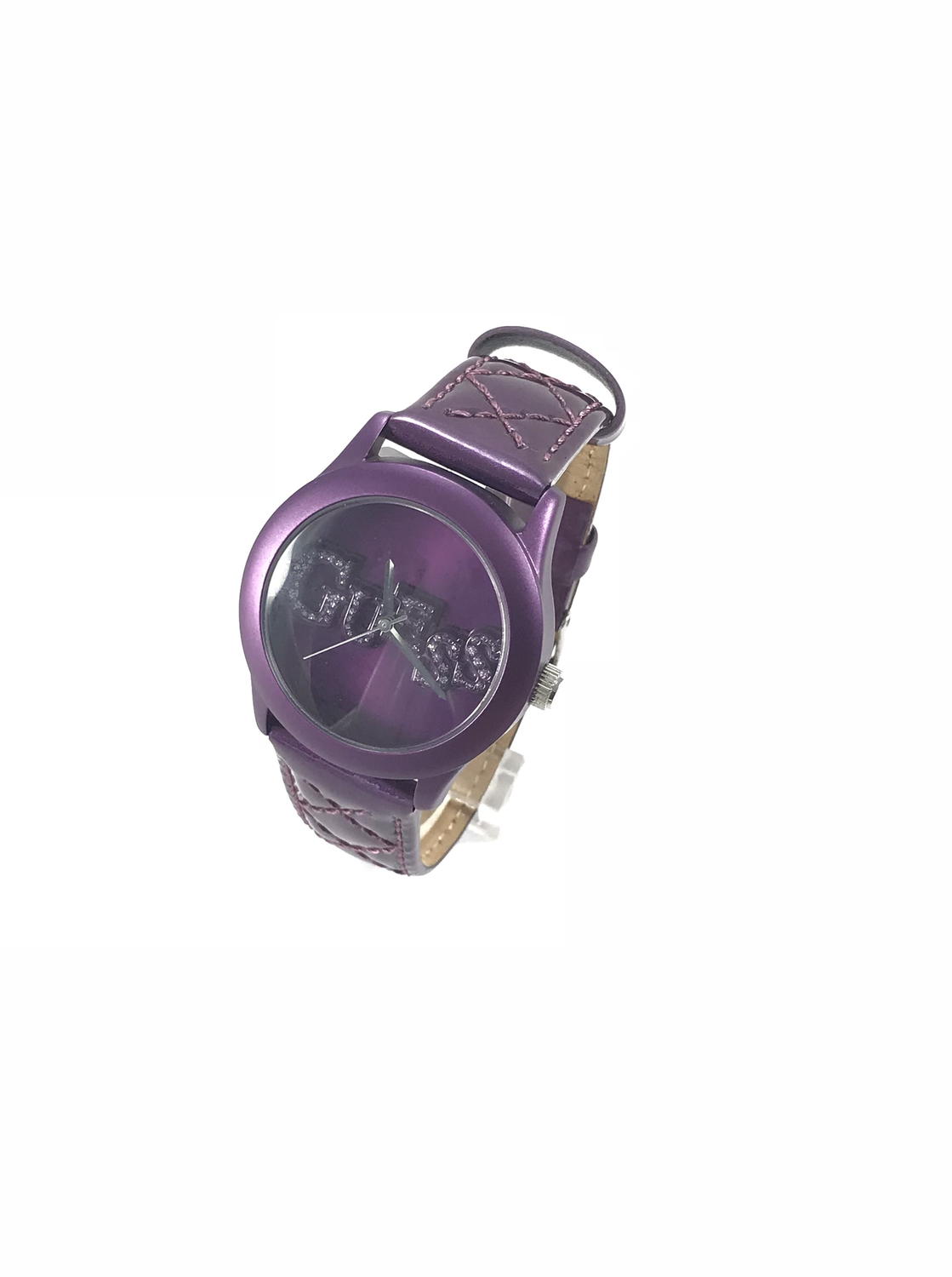 OROLOGIO DONNA VIOLA CON QUADRANTE IN EVIDENZA SCRITTA GUESS CON STRASS.  CINTURINO IN PELLE