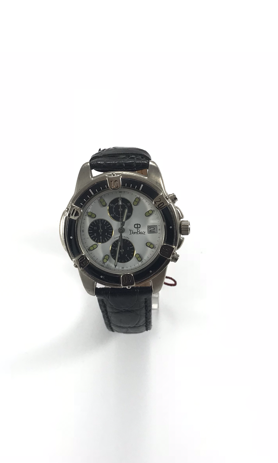 OROLOGIO CRONO IN ACCIAIO CHE N QUADRANTE BIANCO E CINTURINO IN PELLE NERA