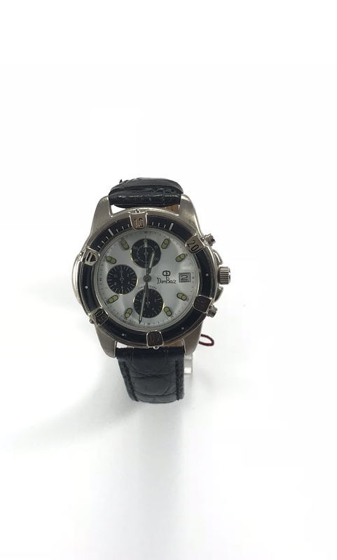 OROLOGIO CRONO IN ACCIAIO CHE N QUADRANTE BIANCO E CINTURINO IN PELLE NERA