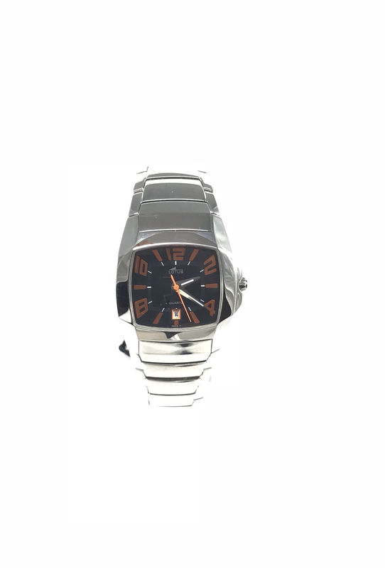 OROLOGIO SOLO TEMPO IN ACCIAIO E QUADRANTE NERO CON INDICI ARANCIO E DATARIO