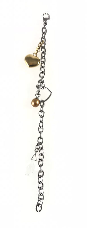 BRACCIALE IN ACCIAIO CON CUORE CENTRALE E PENDENTI CON PENDENTI DI CUI CUORE E PERLA RIMOVIBILE