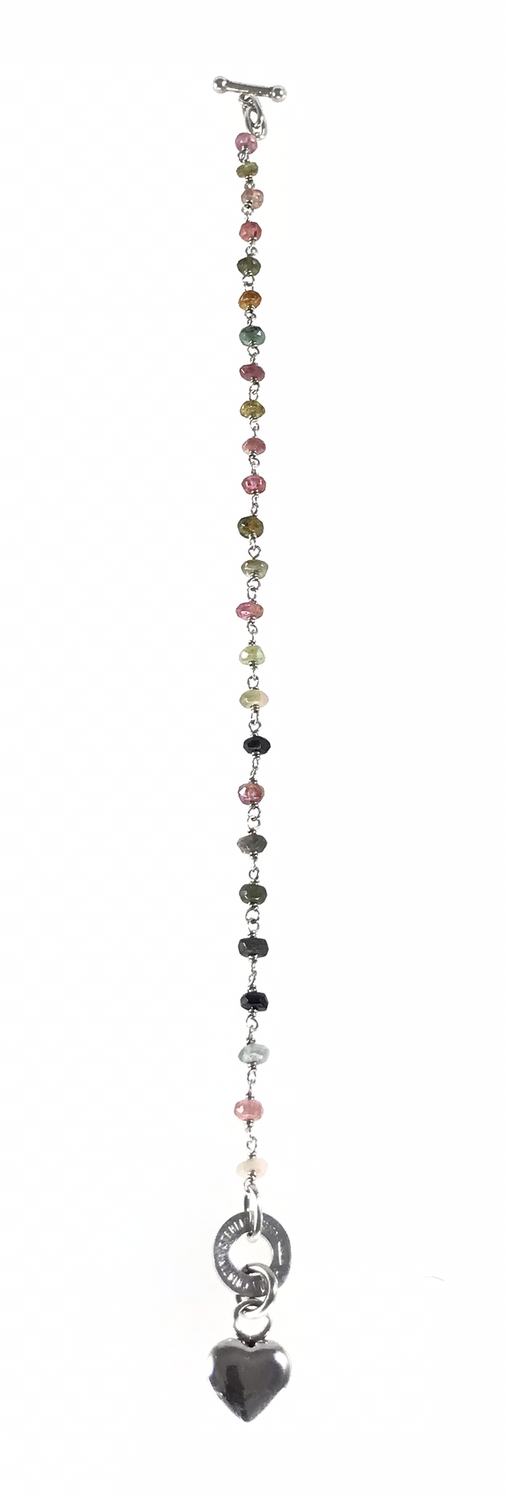 BRACCIALE IN ARGENTO  CM 19 CON TORMALINE MULTICOLORI E CIONDOLO A CUORE FINALE
