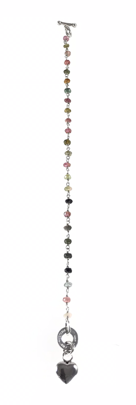 BRACCIALE IN ARGENTO  CM 19 CON TORMALINE MULTICOLORI E CIONDOLO A CUORE FINALE