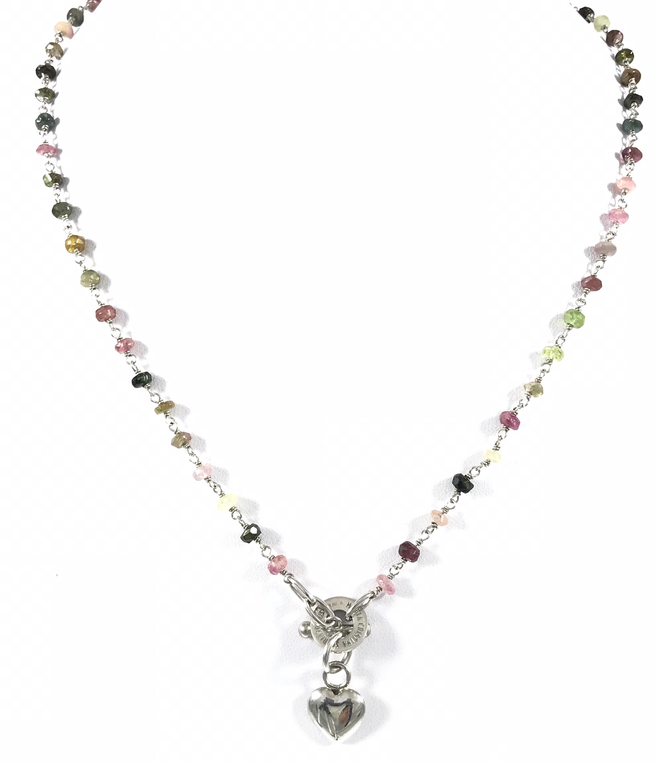 GIROCOLLO CM 45 IN ARGENTO E TORMALINE MULTICOLORI CON CUORE PENDENTE
