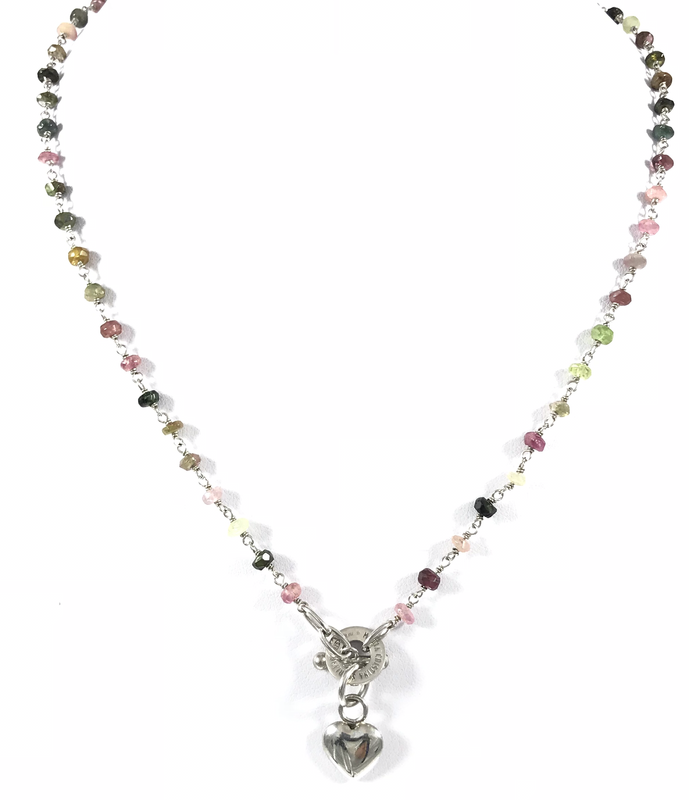 GIROCOLLO CM 45 IN ARGENTO E TORMALINE MULTICOLORI CON CUORE PENDENTE