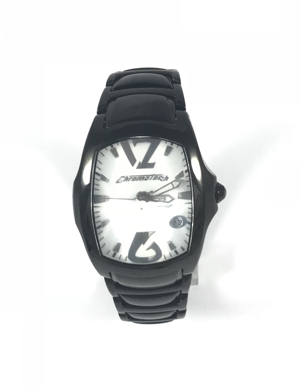 OROLOGIO BRACCIALATO NERO TOTALE CON QUADRANTE BIANCO, DATARIO E VETRO A PRISMA