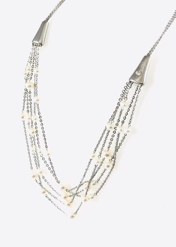 GIROCOLLO MULTIFILO IN ACCIAIO CON PERLE CASTONE IN ORO E DIAMANTE.
