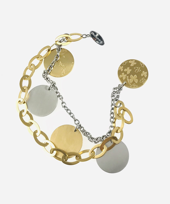 BRACCIALE IN BRINZO CON CIONDOLI A DISCO BIANCHI E ROSÈ INCISI