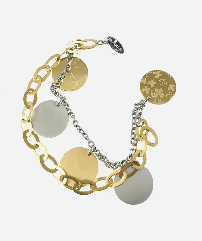 BRACCIALE IN BRINZO CON CIONDOLI A DISCO BIANCHI E ROSÈ INCISI