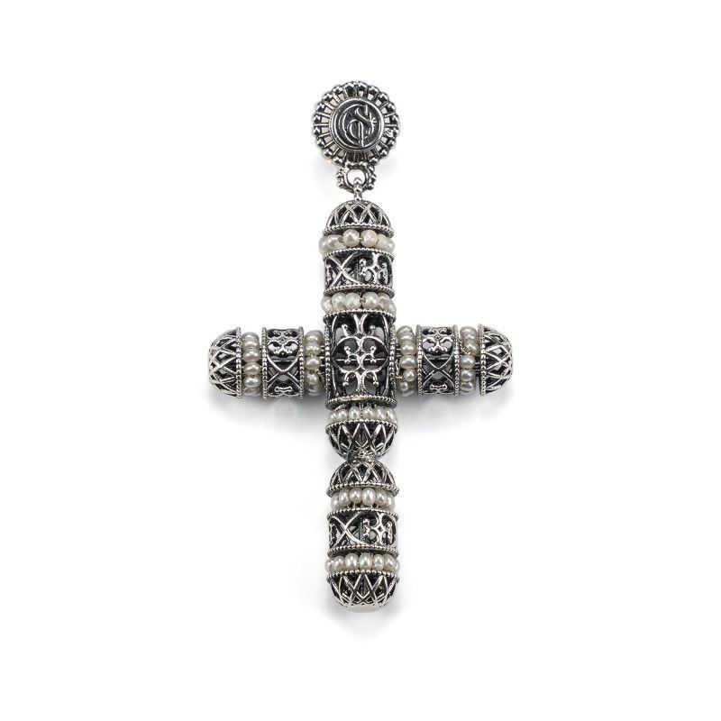 Pendente croce argento brunito con perle