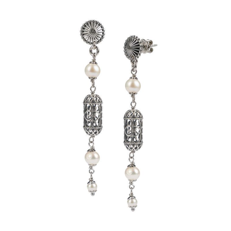 Orecchini argento brunito con Lanterne mediterranee e perle