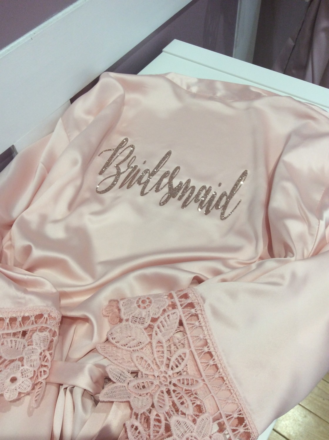 Personalised  glitter/ foil  matte satin lace edged robes