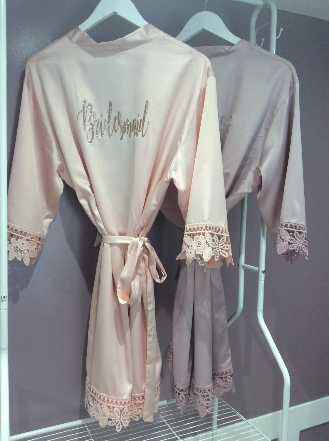 Personalised  glitter/ foil  matte satin lace edged robes