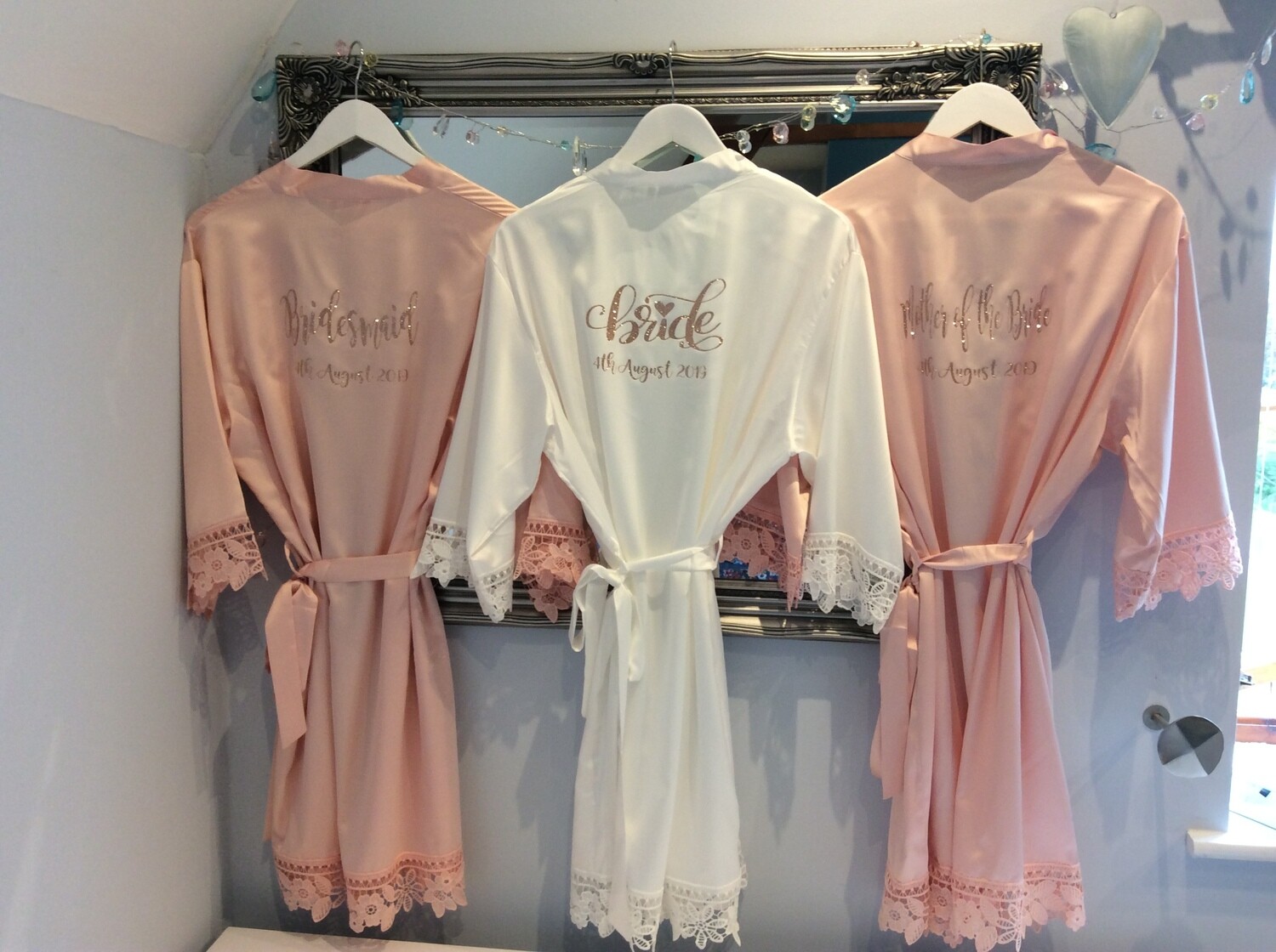 Personalised  glitter/ foil  matte satin lace edged robes
