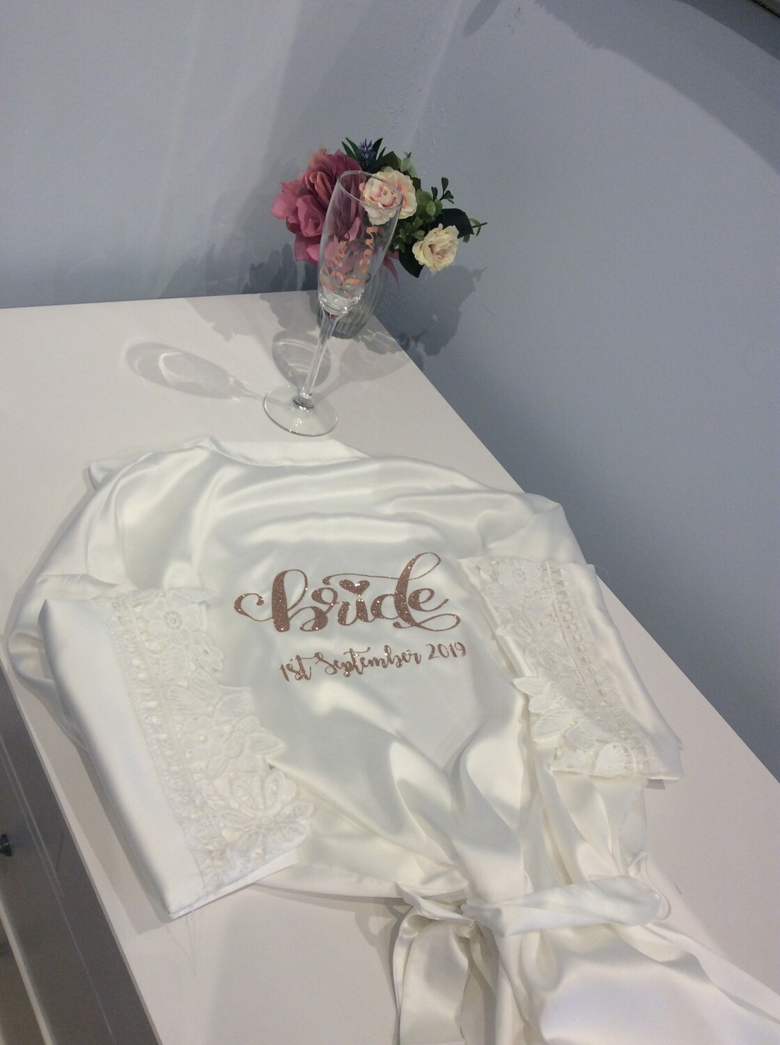 Personalised  glitter/ foil  matte satin lace edged robes