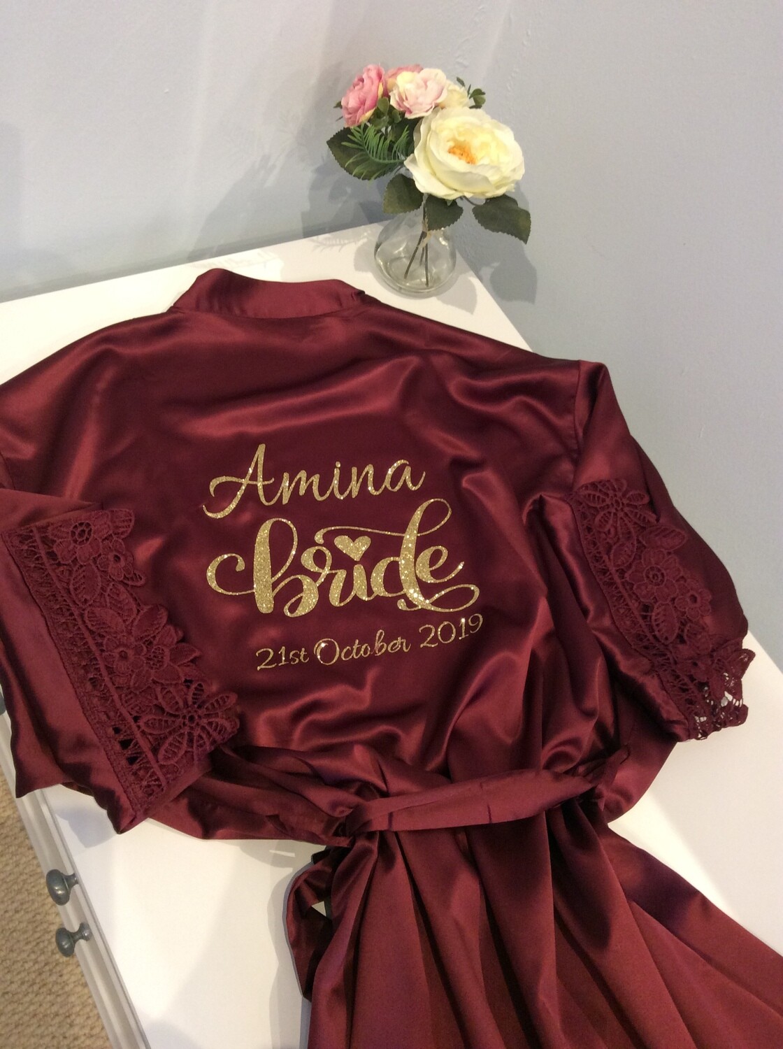 Personalised  glitter/ foil  matte satin lace edged robes