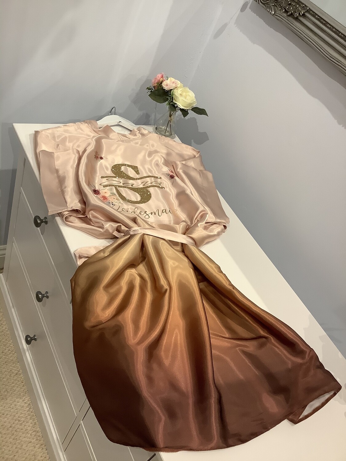 ROSE GOLD  ombré satin robes with split monogram initial design