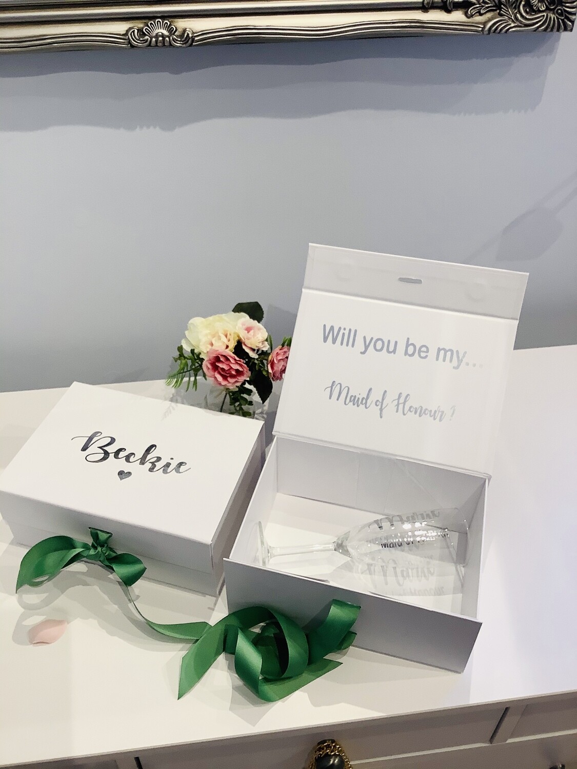Personalised proposal medium  ribbon box &amp; matching FREE champagne flute