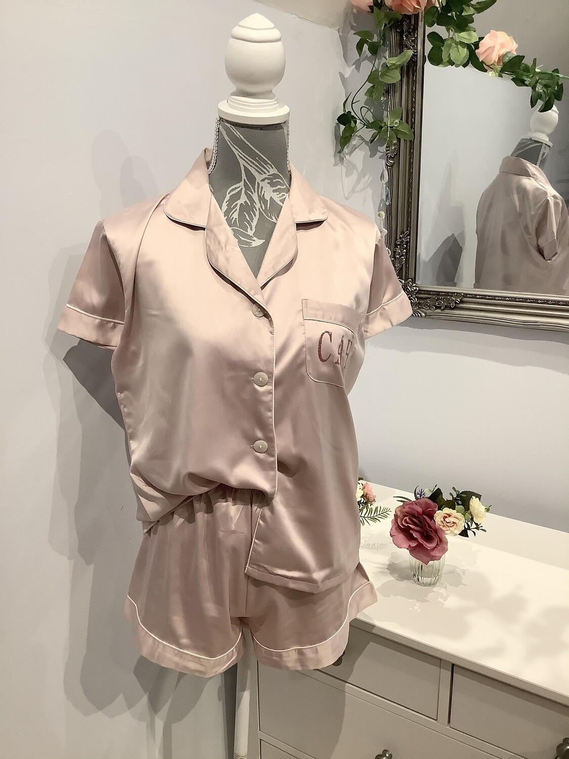 Personalised matte satin PJ short set
