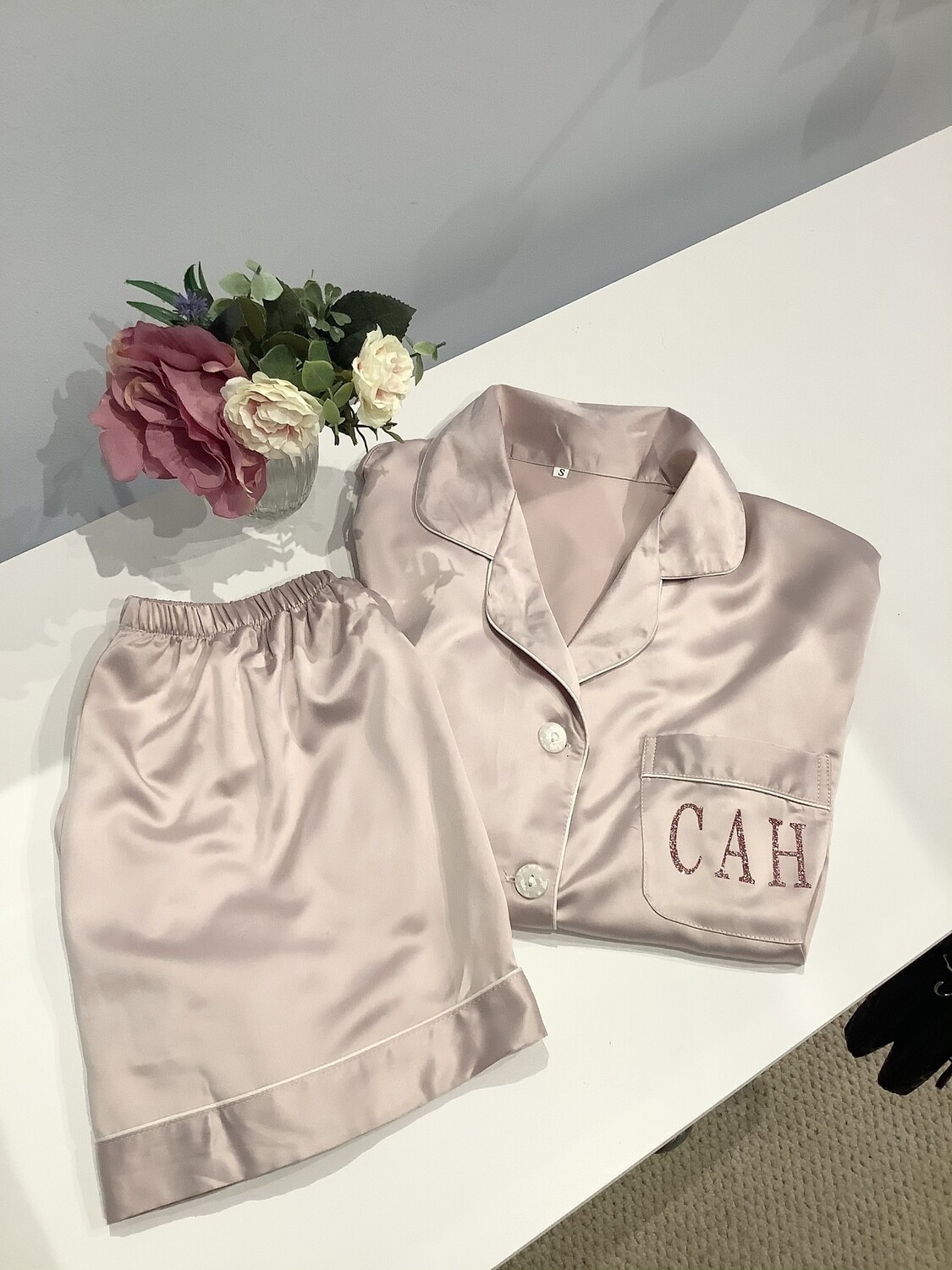 Personalised matte satin PJ short set