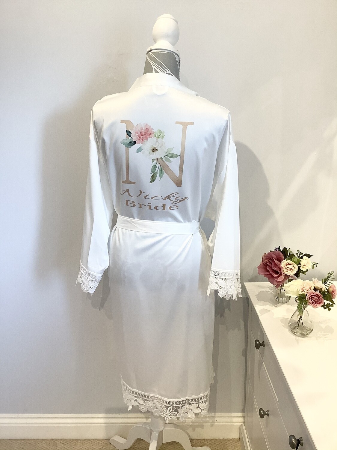Gold floral initial satin lace robe